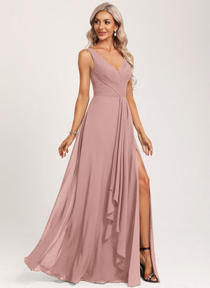 A-line V-Neck Floor-Length Chiffon Bridesmaid Dress with Ruffle