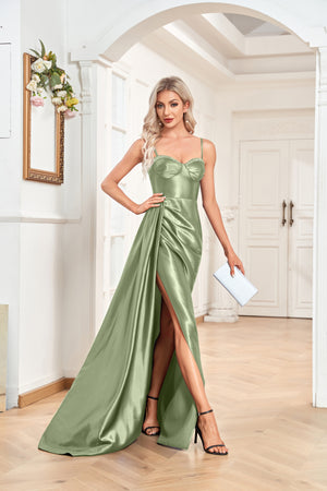 Trumpet/Mermaid Sweetheart Neck Spaghetti Straps Sweep Train Satin Prom Dresses With Silt