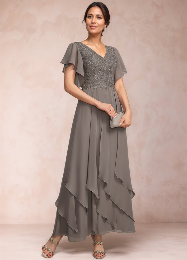 A-line V-Neck Ankle-Length Lace Chiffon Mother of the Bride Dress With Cascading Ruffles