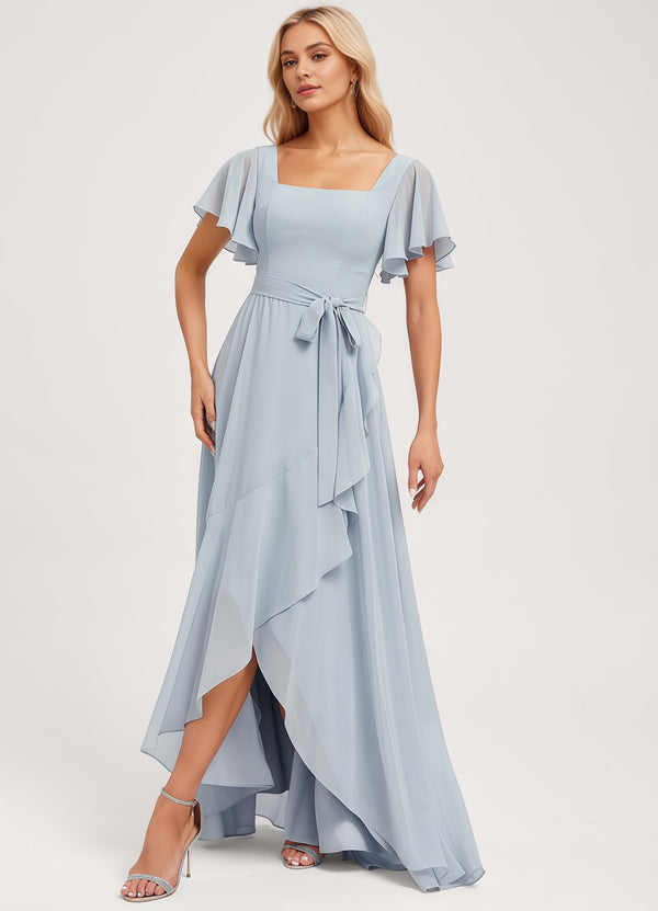 A-line Square-Neck Floor-Length Chiffon Bridesmaid Dress With Ruffle