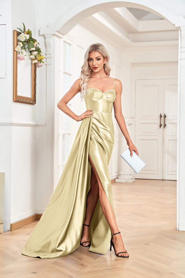 Trumpet/Mermaid Sweetheart Neck Spaghetti Straps Sweep Train Satin Prom Dresses With Silt