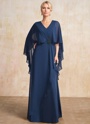A-line V-Neck Floor-Length Chiffon Mother of the Bride Dress With Cascading Ruffles Beading
