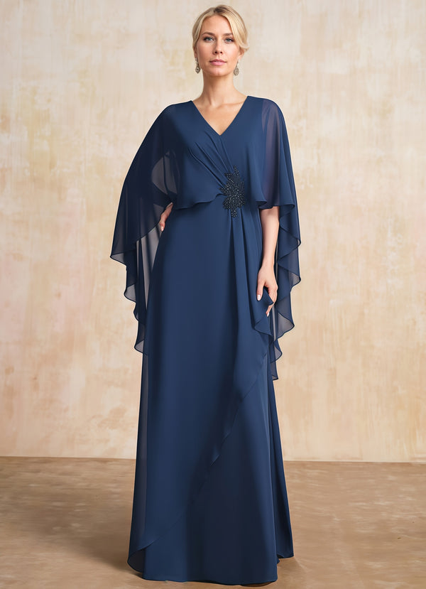 A-line V-Neck Floor-Length Chiffon Mother of the Bride Dress With Cascading Ruffles Beading