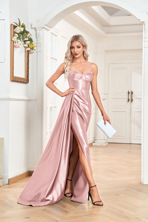 Trumpet/Mermaid Sweetheart Neck Spaghetti Straps Sweep Train Satin Prom Dresses With Silt