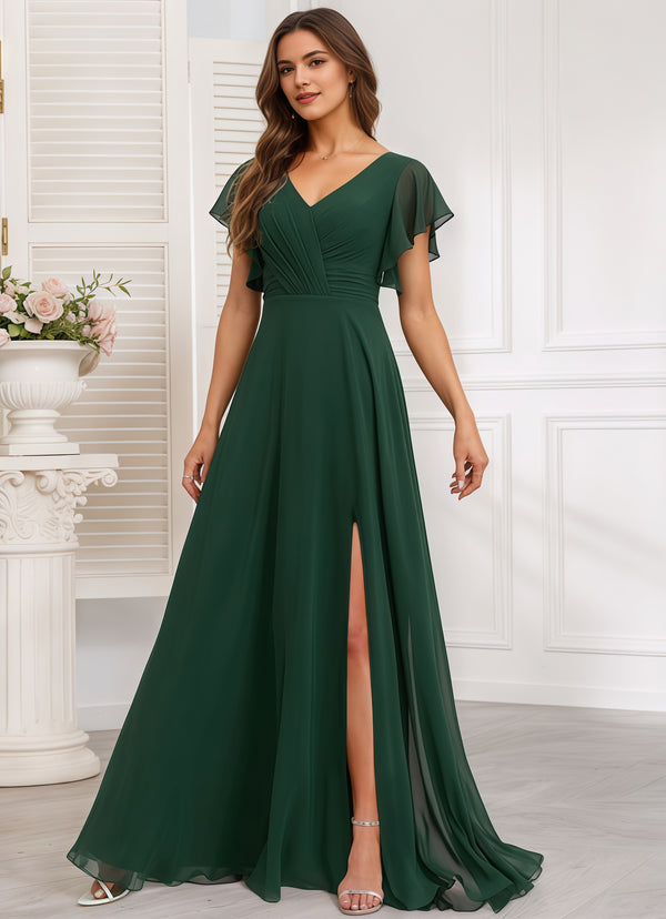 A-line V-Neck Floor-Length Chiffon Bridesmaid Dress With Ruffle