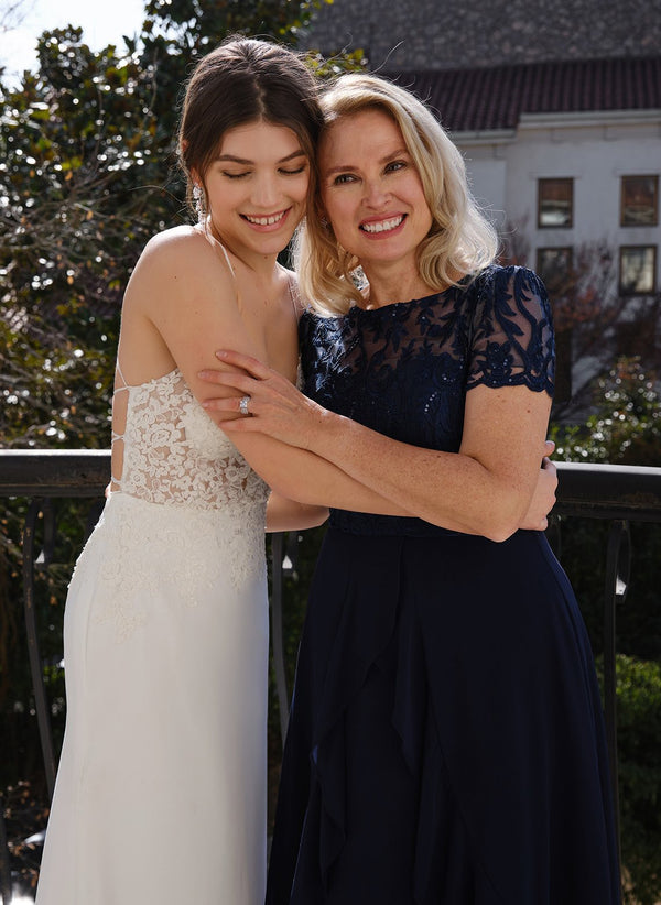 A-line Scoop Illusion Asymmetrical Chiffon Lace Mother of the Bride Dress With Ruffle Sequins Bow