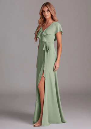 A-line V-Neck Floor-Length Chiffon Bridesmaid Dress With Ruffle