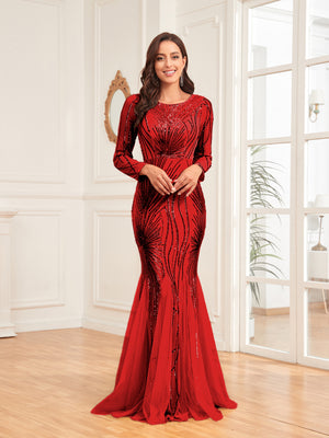 Scoop Sequin Tulle Mermaid/Trumpet Long Sleevess Sweep Train Empire Waist Prom Dress