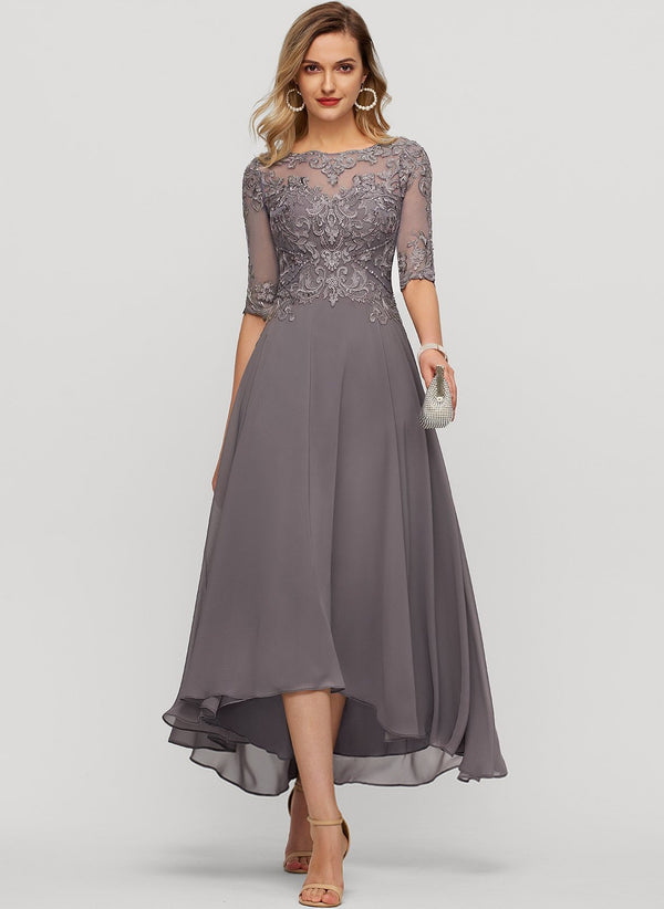 A-line Illusion Boat Neck Asymmetrical Chiffon Lace Mother of the Bride Dress With Sequins Beading
