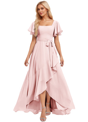 A-line Square-Neck Floor-Length Chiffon Bridesmaid Dress With Ruffle