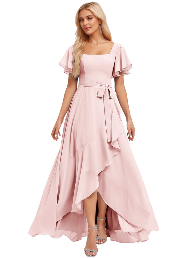 A-line Square-Neck Floor-Length Chiffon Bridesmaid Dress With Ruffle