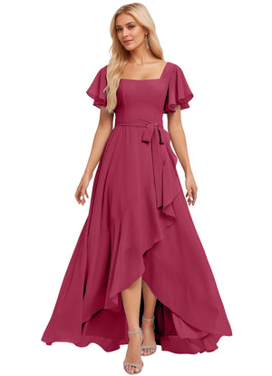 A-line Square-Neck Floor-Length Chiffon Bridesmaid Dress With Ruffle