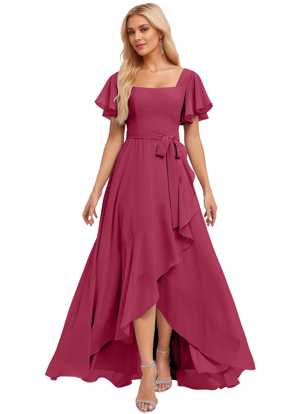 A-line Square-Neck Floor-Length Chiffon Bridesmaid Dress With Ruffle