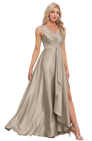 A-line V-Neck Floor-Length Satin Bridesmaid Dress