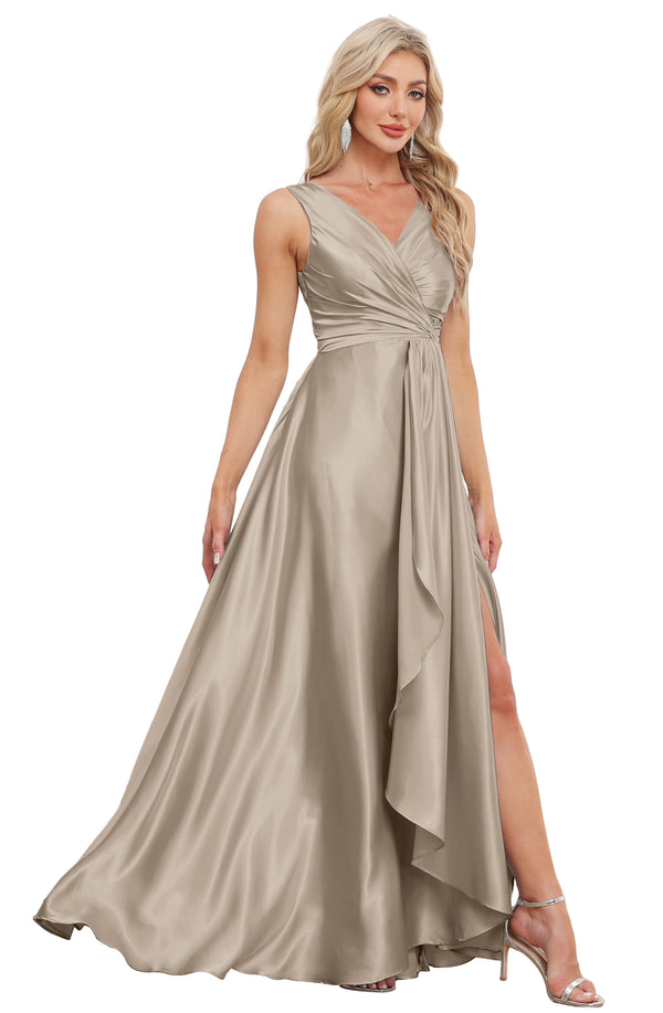 A-line V-Neck Floor-Length Satin Bridesmaid Dress