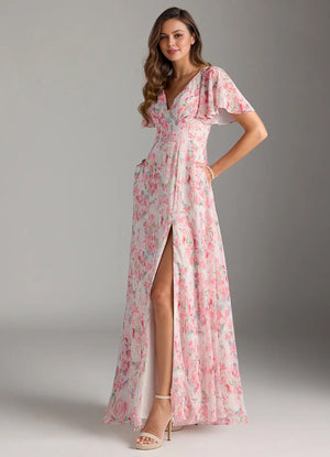 A-line V-Neck Floor-Length Chiffon Floral Bridesmaid Dress