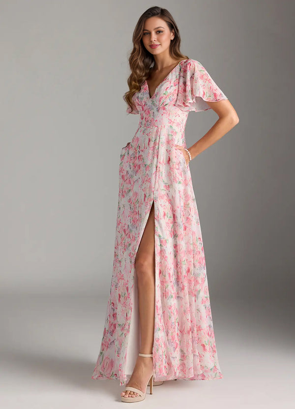 A-line V-Neck Floor-Length Chiffon Floral Bridesmaid Dress