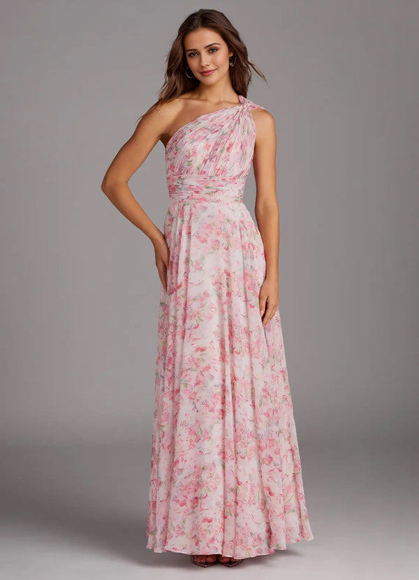 A-line One Shoulder Floor-Length Chiffon Bridesmaid Dress With Slit