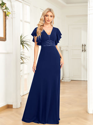 Sheath/Column V-Neck Floor-Length Stretch Crepe Evening Dress With Pleated Sequins Beading