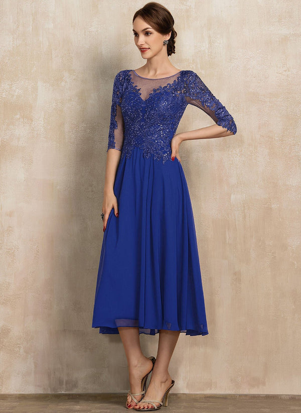 A-line Scoop Illusion Tea-Length Lace Chiffon Mother of the Bride Dress With Sequins