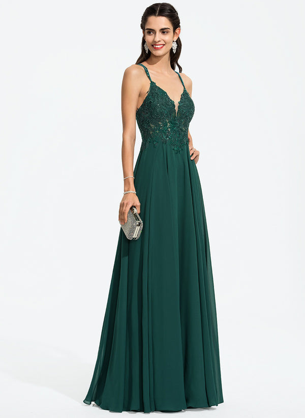 A-line V-Neck Floor-Length Chiffon Prom Dresses With Beading Sequins