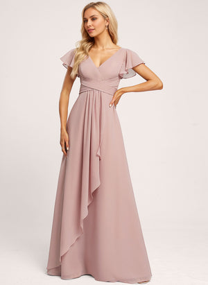 A-line V-Neck Floor-Length Chiffon Bridesmaid Dress With Ruffle