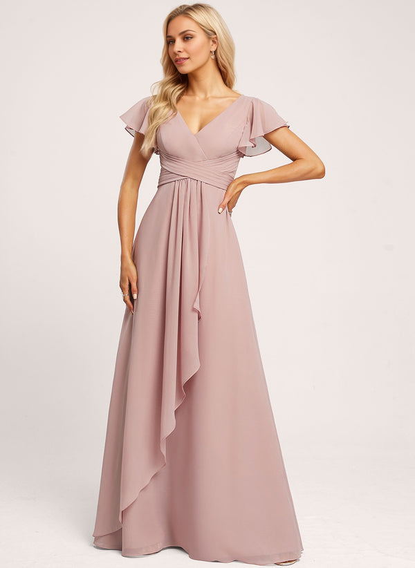 A-line V-Neck Floor-Length Chiffon Bridesmaid Dress With Ruffle