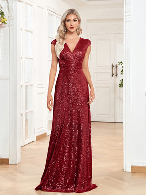 Sequin V-Neck Sleeveless A-Line Floor Length Prom/Evening Dress
