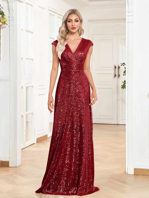Sequin V-Neck Sleeveless A-Line Floor Length Prom/Evening Dress