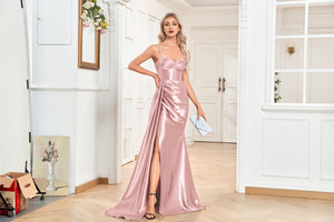 Trumpet/Mermaid Sweetheart Neck Spaghetti Straps Sweep Train Satin Prom Dresses With Silt