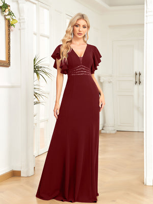 Sheath/Column V-Neck Floor-Length Stretch Crepe Evening Dress With Pleated Sequins Beading