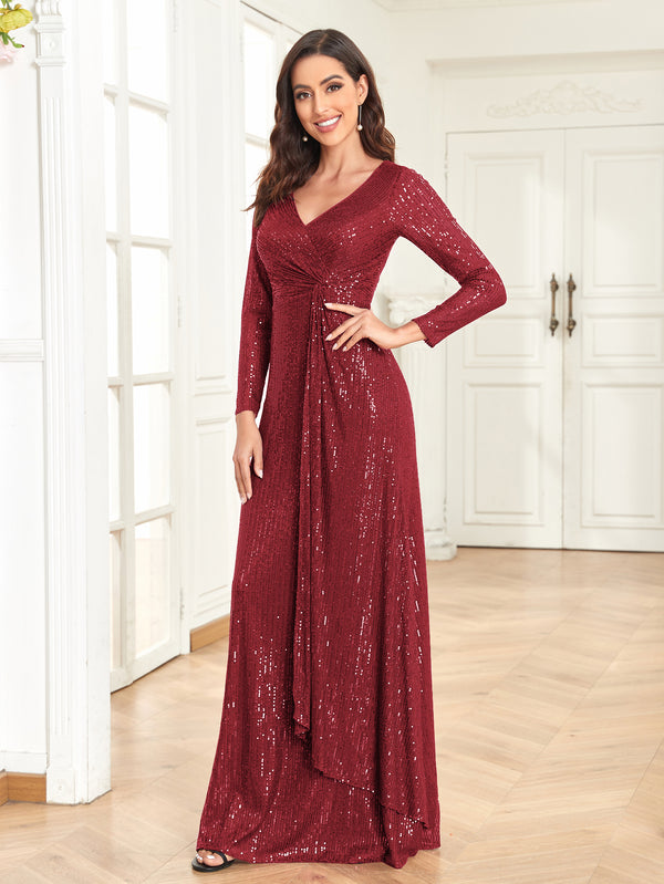 Sequin V-Neck Long Sleeves A-Line Floor Length Prom/Evening Dress