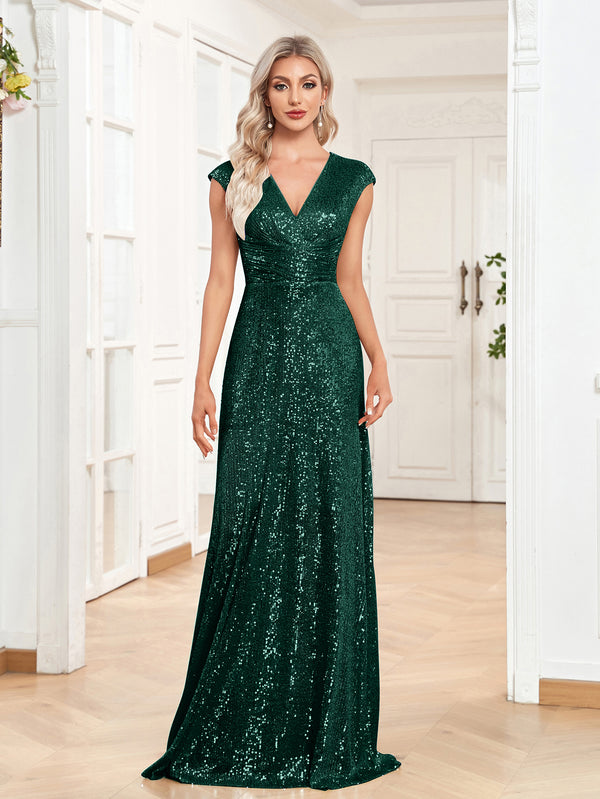 Sequin V-Neck Sleeveless A-Line Floor Length Prom/Evening Dress