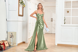Trumpet/Mermaid Sweetheart Neck Spaghetti Straps Sweep Train Satin Prom Dresses With Silt