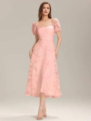Square Puff Sleeve A-line Chiffon Jacquard Midi Dress