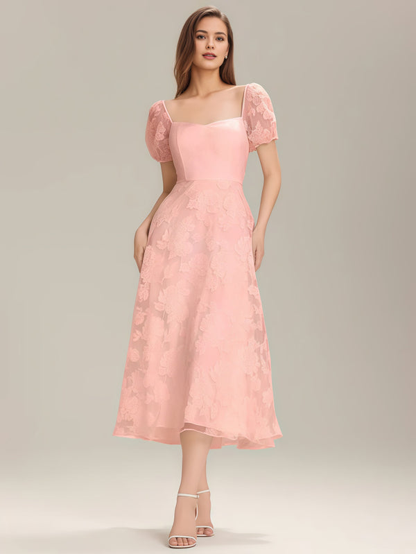 Square Puff Sleeve A-line Chiffon Jacquard Midi Dress