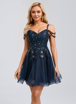A-line Sweetheart Short Tulle Lace Homecoming Dress With Sequins
