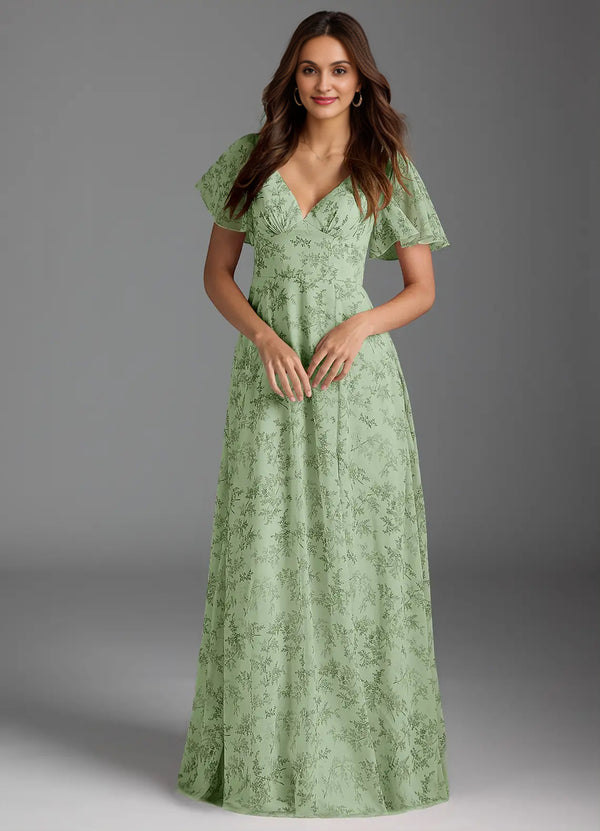 A-line V-Neck Floor-Length Chiffon Floral Bridesmaid Dress