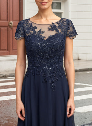 A-line Scoop Illusion Tea-Length Lace Chiffon Mother of the Bride Dress With Sequins
