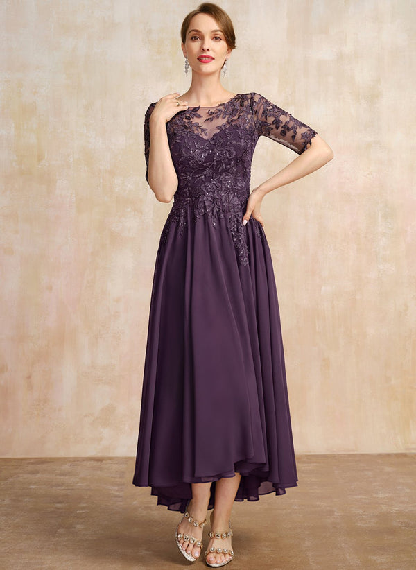 A-line Scoop Illusion Asymmetrical Lace Chiffon Mother of the Bride Dress With Sequins