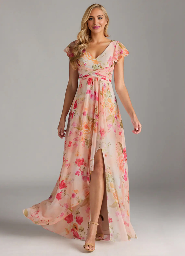 A-line V-Neck Floor-Length Chiffon Bridesmaid Dress With Ruffle