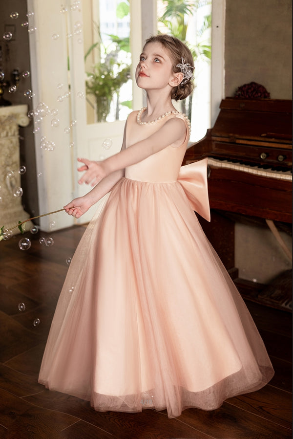 Ball-Gown/Princess V-Neck Floor-Length Tulle/Satin Flower Girl Dress With Bow