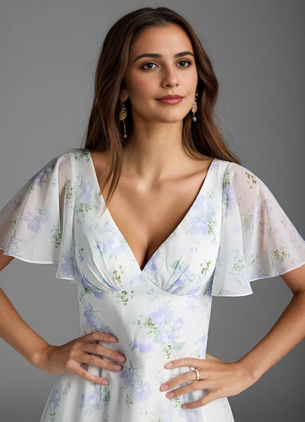 A-line V-Neck Floor-Length Chiffon Floral Bridesmaid Dress