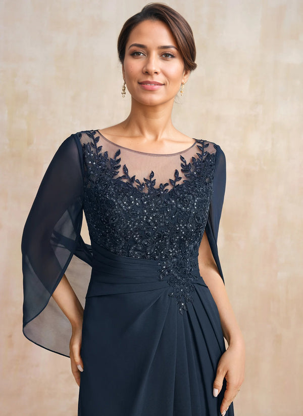 A-line Scoop Illusion Floor-Length Lace Chiffon Mother of the Bride Dress With Sequins Pleated