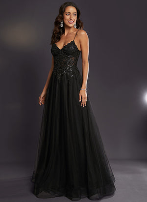 A-line V-Neck Floor-Length Tulle Prom Dresses