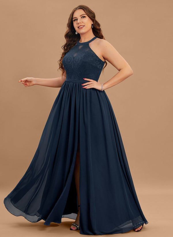 A-line Scoop Floor-Length Lace Chiffon Bridesmaid Dress