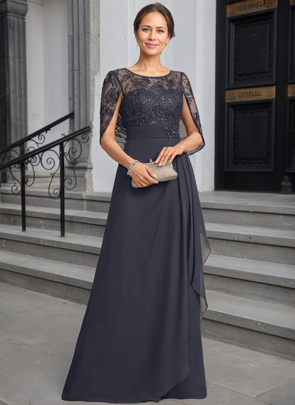 A-line Scoop Illusion Lace Chiffon Mother of the Bride Dress With Cascading Ruffles Sequins