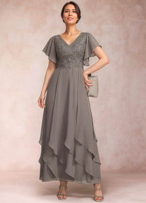 A-line V-Neck Ankle-Length Lace Chiffon Mother of the Bride Dress With Cascading Ruffles