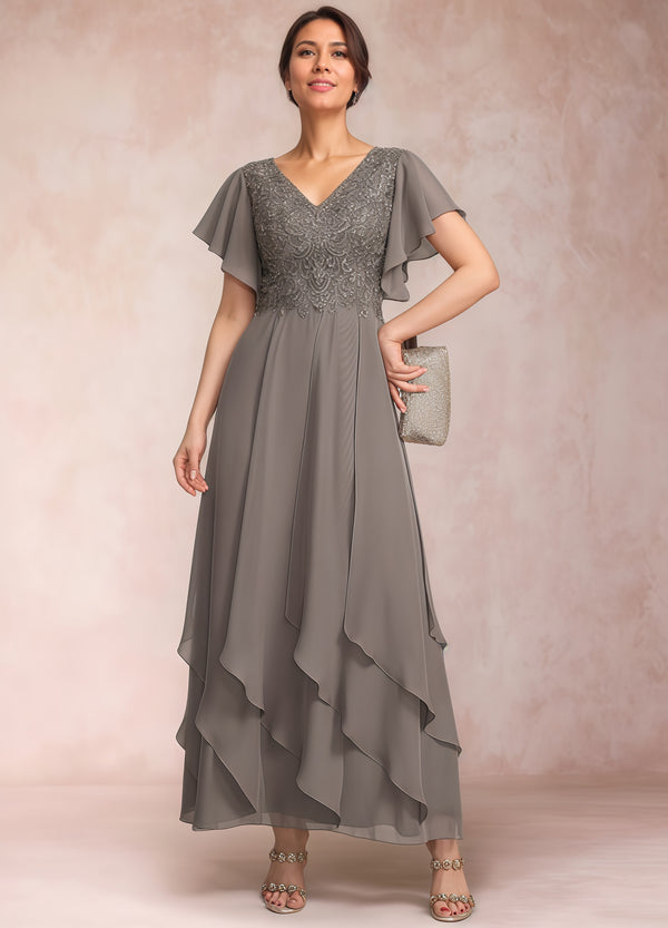 A-line V-Neck Ankle-Length Lace Chiffon Mother of the Bride Dress With Cascading Ruffles