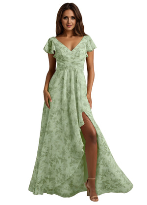 A-line V-Neck Floor-Length Chiffon Bridesmaid Dress With Ruffle